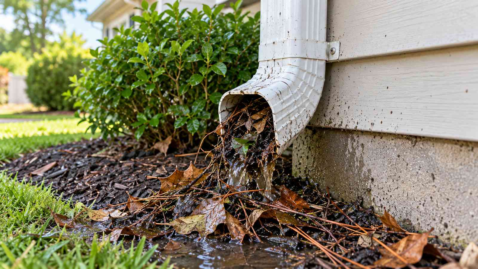Downspout blocked with packed debris before cleaning