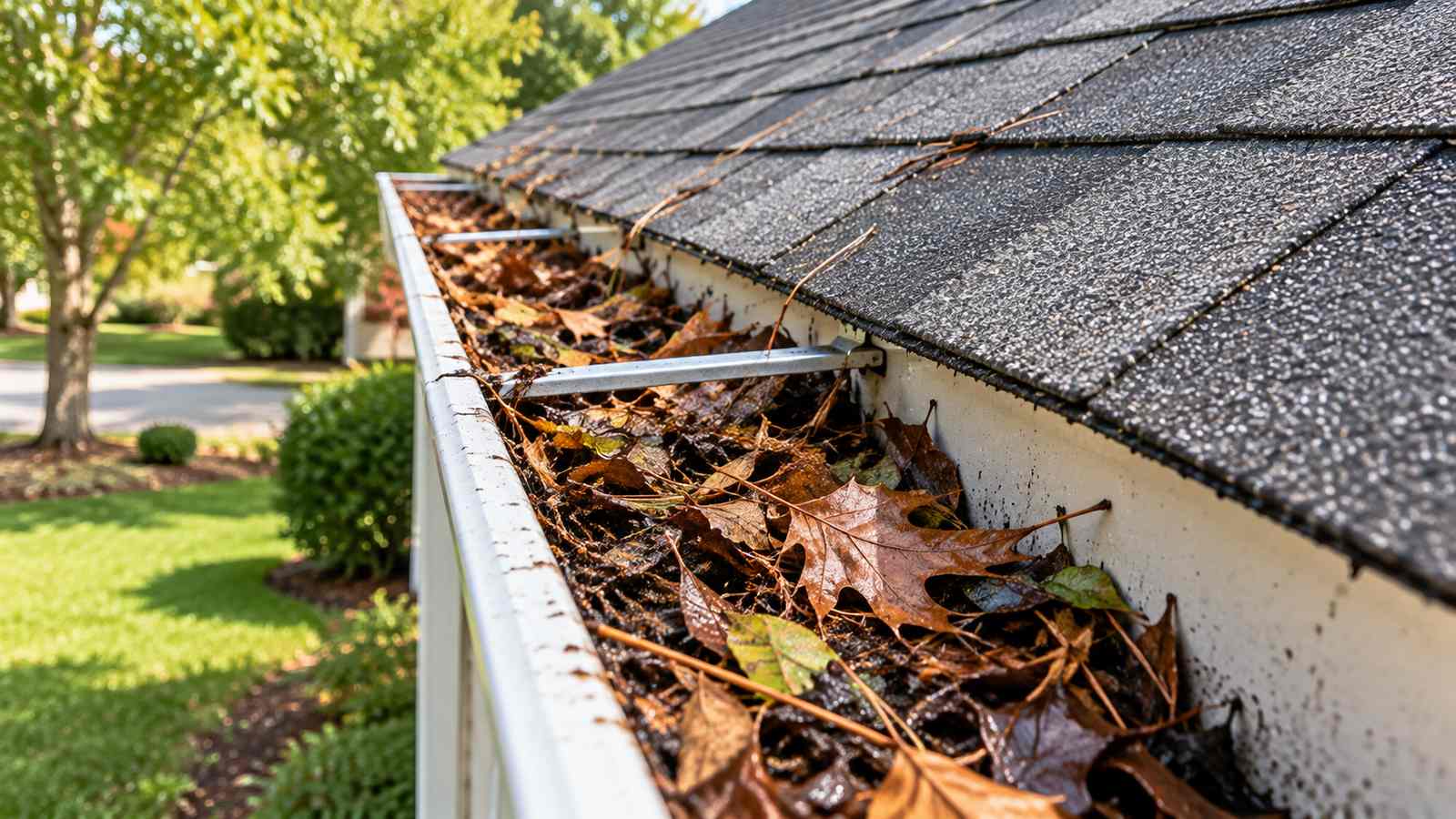 Before gutter cleaning: trough packed with debris