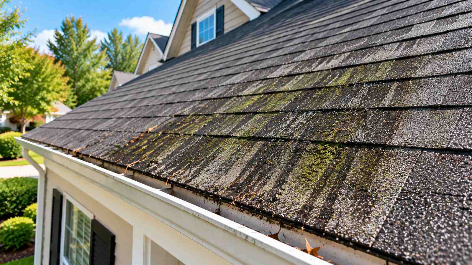 Black algae streaks across a Florida asphalt shingle roof before cleaning