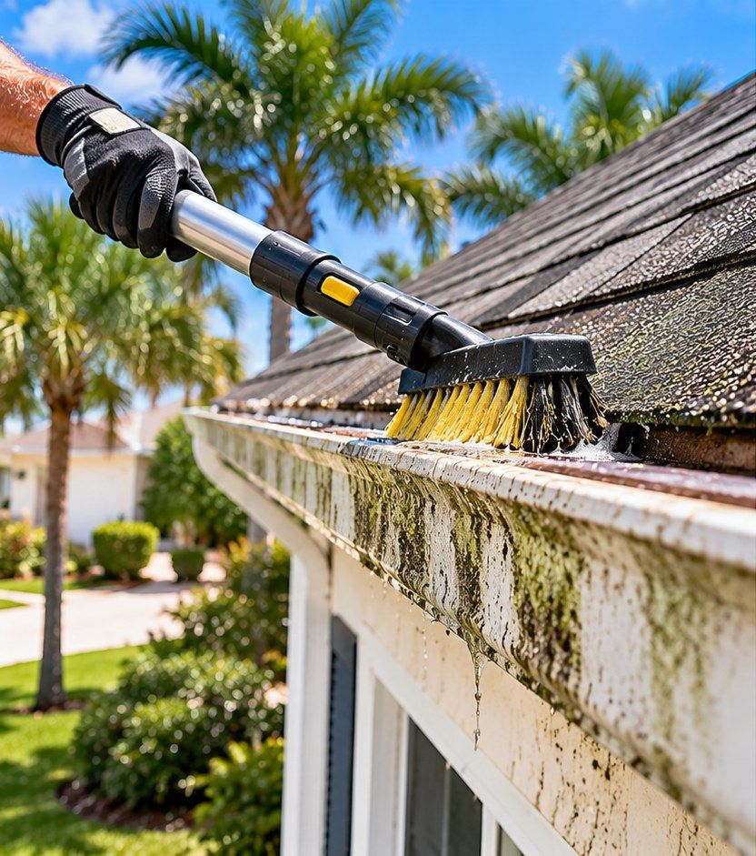 Fast Pro technician brightening a gutter on a Florida home