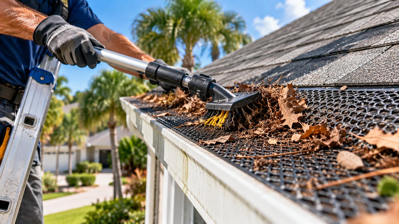 Fast Pro technician cleaning a gutter guard on a Florida home